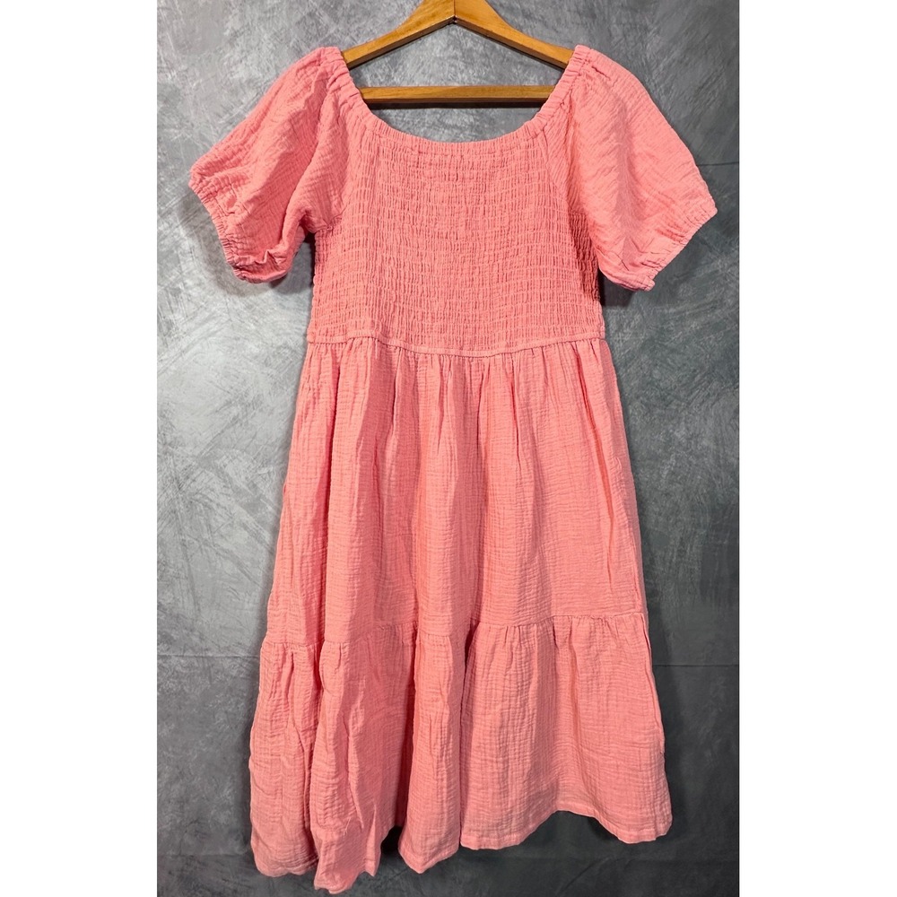 New York & Company Midi Dress Womens Medium Pink Smocked Tiered Puff Sleeve